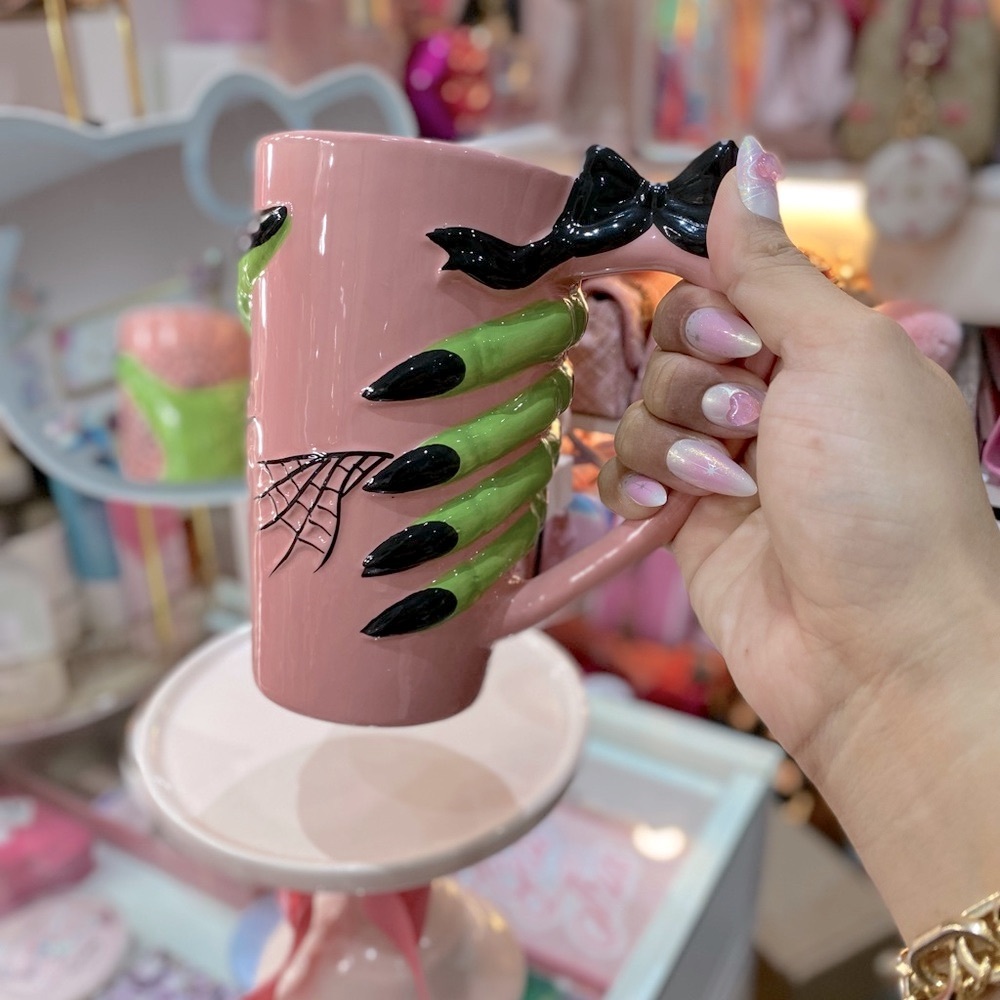 Pink Mug with Green Hand and Black Nails